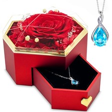 Preserved Red Real Rose With Necklace Forever Flowers Diamond Shaped Box Pres...