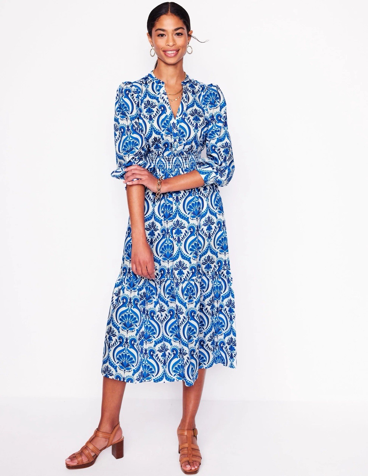 Boden Elena Cotton Tiered Midi Dress Blue White Ornamental Floral Size 12R Flowy