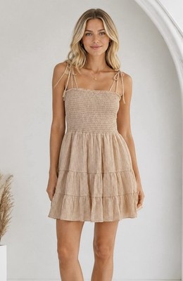 Gianni Bini Smocked Tie Sleeve Tiered Mini Dress Size Small Multi Stripe