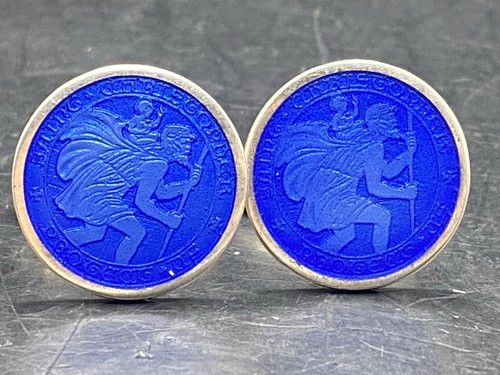 VINTAGE STERLING SILVER BLUE GUILLOCHE ENAMEL SAINT CHRISTOPHER MEDAL Cufflinks