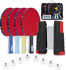 Ping Pong Paddle Set, Portable Table Tennis Paddles, with Retractable Net, 4 Tab