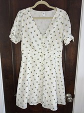 Gap Women White Floral Ditzy Linen Blend Button Front Tie Sleeve Mini Dress Sz 8