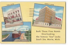 Park Hotel and Ojibway Hotel Dual View, Sault Ste. Marie, MI VTG Postcard SK3.