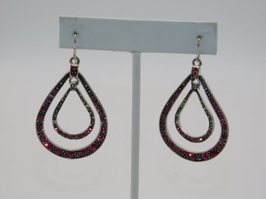 J973-VINTAGE PIERCED EARRINGS~ANTIQUED SILVER TONE/PINK STONES~2