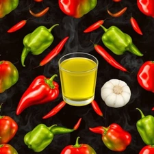 Digital picture red green chilies and garlic with green tea cup printable file