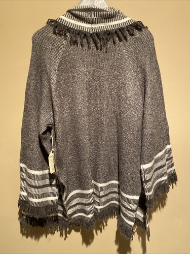 Telluride Clothing Shawl Collar Drape Front Cardigan Sweater Striped Fringe Gray - Picture 6 of 6