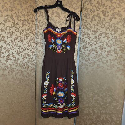 HIBIS Brown Multi-Color Embroidered Bird Floral Dress Size Large L