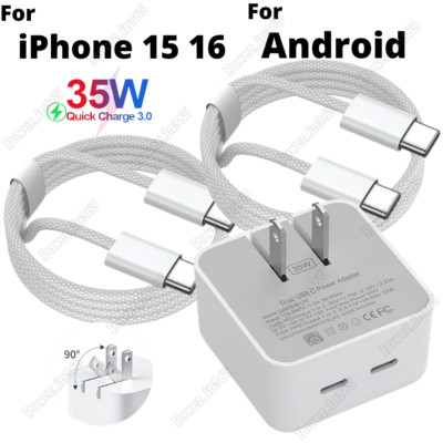 For Android iPhone 15 16 Macbook 35W Fast Wall Charger Brick USB C Type C Cable