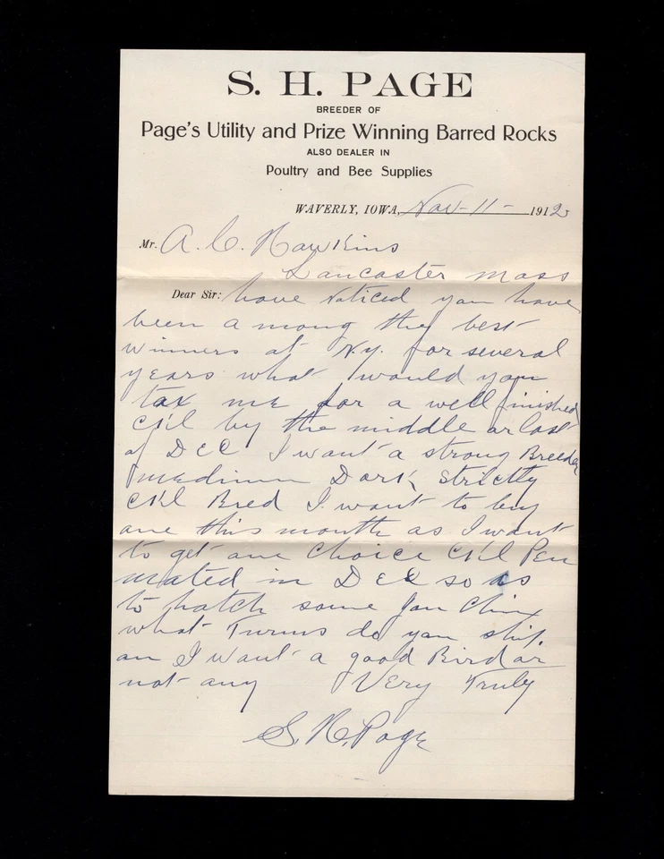 S Page Breeder Barred Rocks Fowl Waverly Iowa 1912 PSE Cover & Letterhead 8m - Image 2 of 3