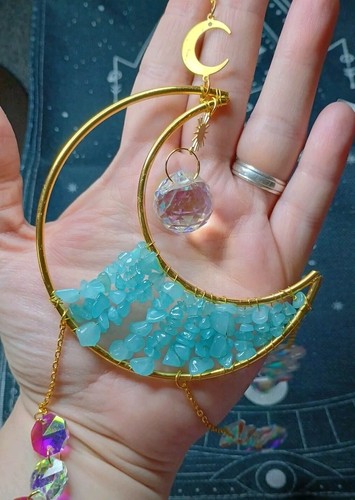 Blue Green Aquamarine Crystal Chip Moon Sun Catcher Prisim Hanging Gold Detail