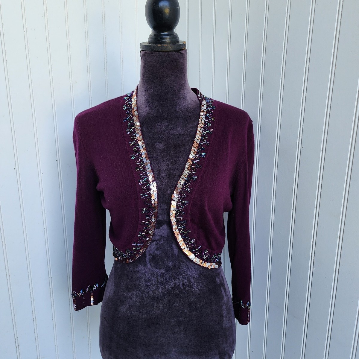 CACHE Purple Eggplant Sequin Bolero Shrug Jacket Formal Cropped