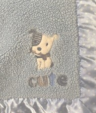 Carters Child of Mine Sherpa Baby Blanket Blue Puppy Dog "Cute" Pokadots On Trim