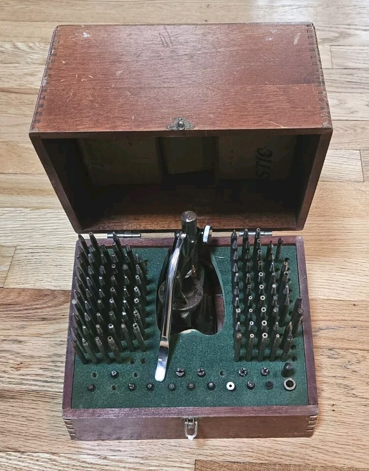 Antique Watch Clock Makers Staking Tool Set In Wood Box USED