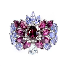 925 Sterling Silver Ring Pear Rhodolite Tanzanite Natural Gemstone Jewelry Size