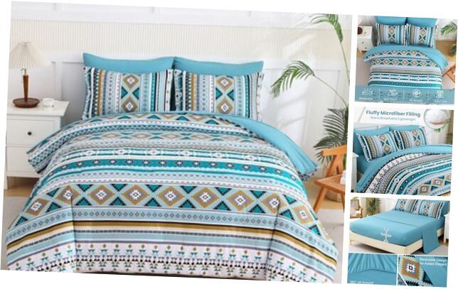Boho Comforter Set Size,7 Pieces Bed in a Bag Blue Aztec Bedding Queen Teal