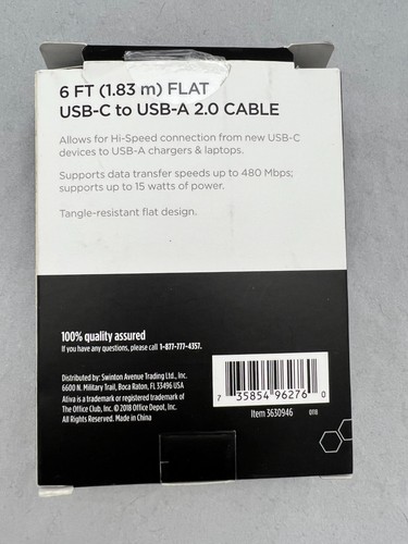 ATIVA 6 FT Flat USB-C to USB-A 2.0 Cable FAST SHIP! - 第 2/3 張圖片