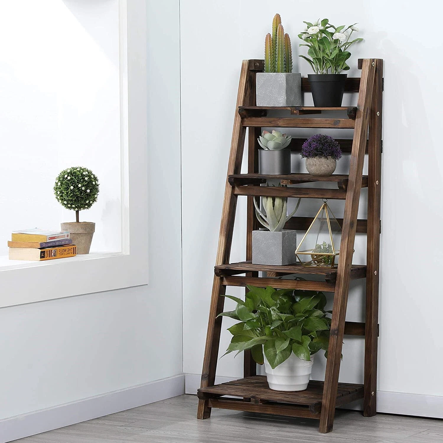 4 Tier Sturdy Wood Corner Ladder Plant Shelf Foldable Book Display Rack Holder