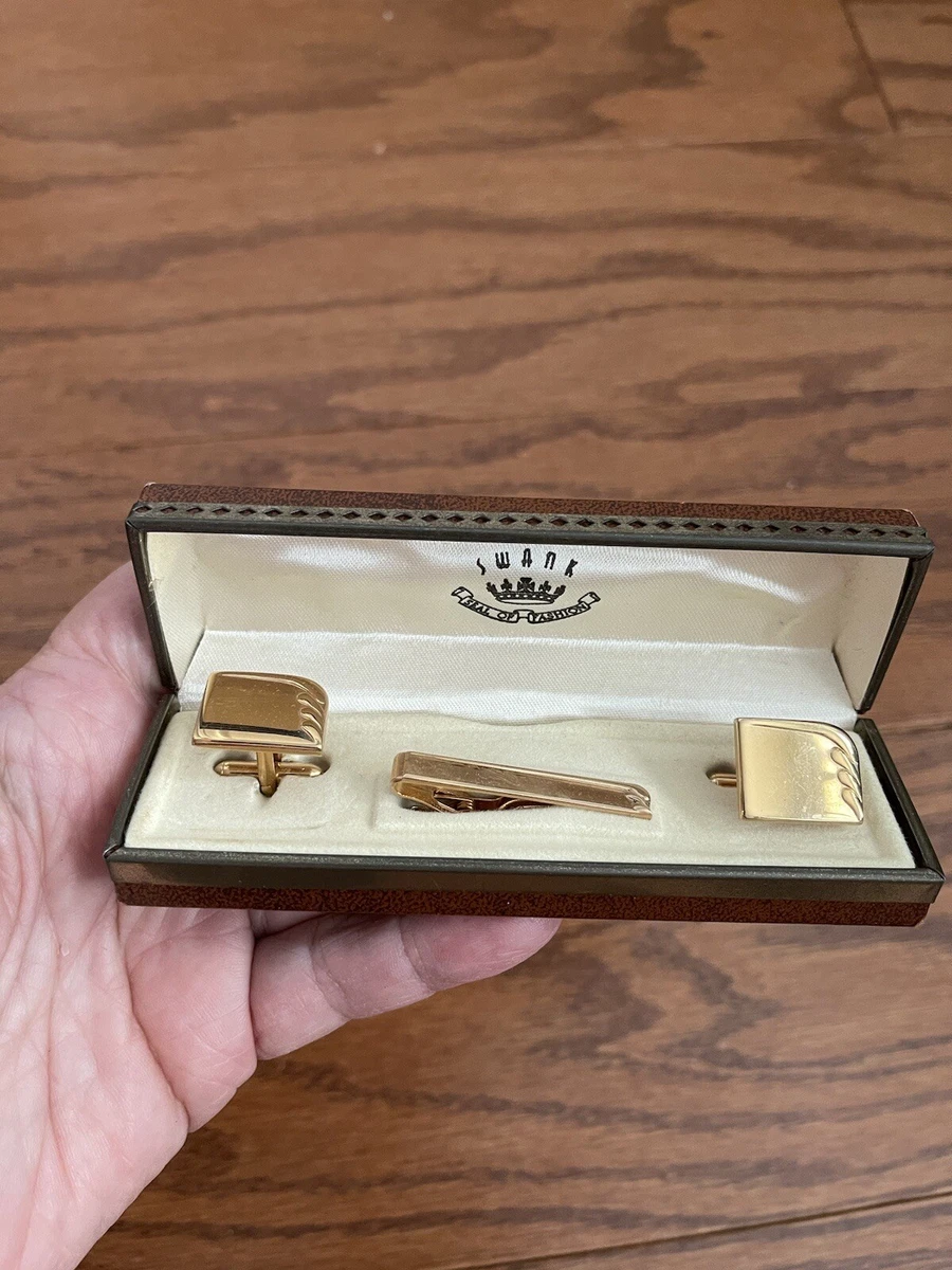 Gold Tone 1950s 1960s Vintage SWANK Cufflinks and Tie Clip Set in