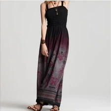 Free People Megs Smocked Boho Ombre Damask Maxi Dress Tank Dress Purple Sz M
