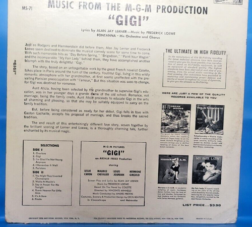 GIGI VOCAL HIGHLIGHTS FONTANNA ORCHESTERA & CHORUS LP EX Masterseal MS-71 1958 - Picture 3 of 10