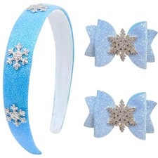 Christmas Snowflake Headband Set - Blue Glitter Hairband with 2 Silver Snowfl...