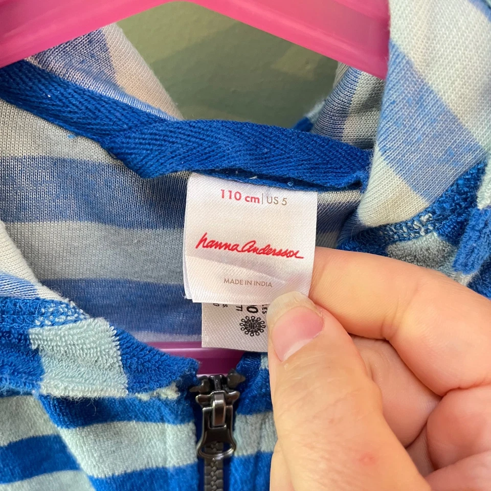 Sudadera con capucha Hanna Andersson para niños azul a rayas de tela de rizo con cremallera Foto 2 de 4