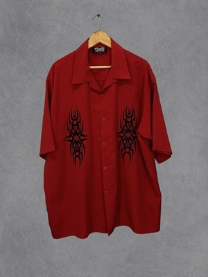Vintage Dragonfly Hemd Herren XXL 2XL Rot Relaxed Tribal Y2K 00s Kurzarm