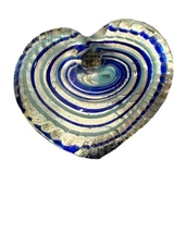 Handmade Murano Style Glass Heart Pendant Blue Clear Swirl ~2”