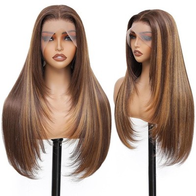 HD Lace Front Wig Human Hair Blend Highlights  Straight Honey BROWN Blonde