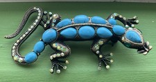 Contemporary Faux Turquoise and Rhinestone Lizard Brooch