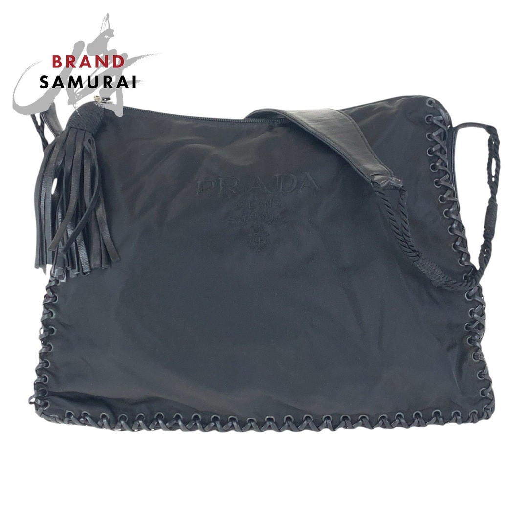 RARE PRADA Black Nylon Leather Fringe Crossbody Shoulder Bag 501642
