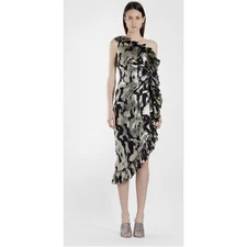 Attico Abito Black & Gold Metallic One-Shoulder Ruffle Dress Size IT 36 US 0 XS 