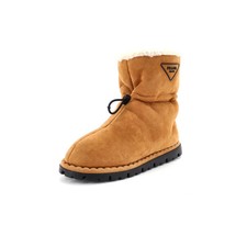 Prada Women's Triangle Logo Drawcord Ankle Boots Suede with Shearling