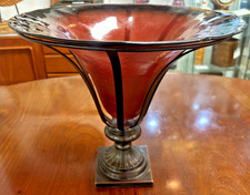 Vintage Red Glass Fruit Bowl On Cast Metal Stand - As Found