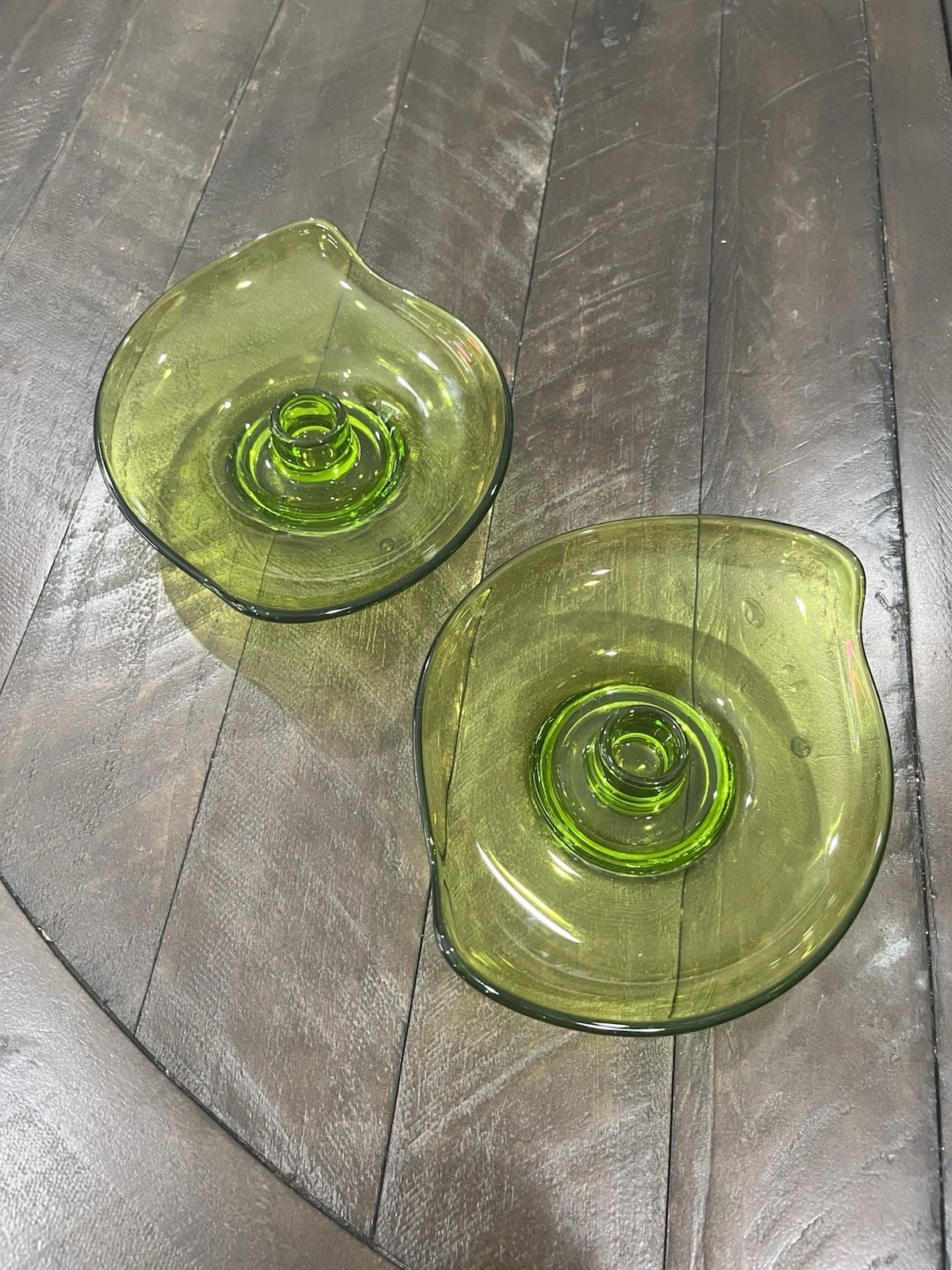 Viking Art Amoebic Epic Glass Candle Holders #1196 Avocado Green Set of 2 MCM