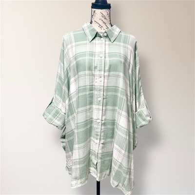 New American Eagle L Green Plaid Button Up Tunic Roll Tab Sleeve Oversized Top