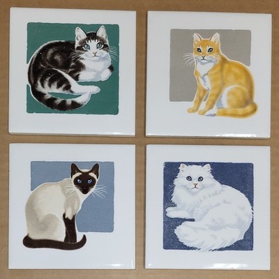 VTG Gonder Art Ceramic Cat Tile Set MCM Siamese Tabby Yellow White B&W Kitten 