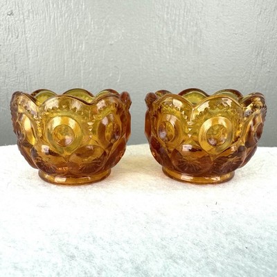 Pair Of LE Smith Moon & Star Open Salt Dip Cellar Amber Glass