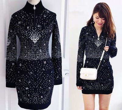 NWT CHANEL 20N COCO NEIGE BLACK WHITE NAVY BLUE KNIT TURTLENECK CC DRESS  38