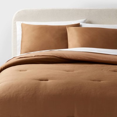 Full/Queen Washed Cotton Sateen Comforter and Sham Set Light Brown - Threshold: