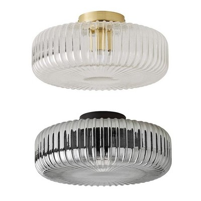 Große Decken Leuchte Fassung geripptes Glas Lampenschirm bündig Wohnzimmer LED Leuchtmittel