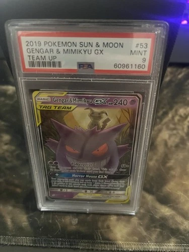 Pokémon TCG Gengar & Mimikyu GX Holo Card Sun & Moon Team Up 53/181 PSA 9