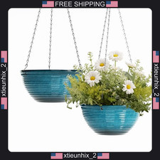 10 Inch Glazed Hanging Planters for Indoor Outdoor Plants, 2 Pack, Blue