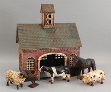 Vintage Painted Cast Iron Stock Barn Farm Animals Horse Cow Pig Rooster Toy NR