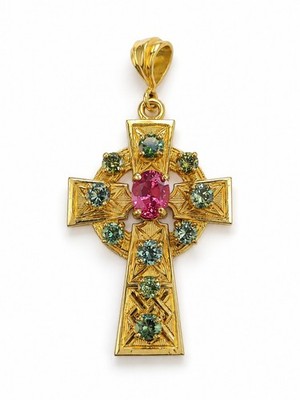 14K Gold Celtic Cross Pendant 1.00ct Pink Sapphire 1.50ctw Blue Diamonds