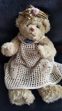 12 in. Plush Crochet Dress Wooden Flower Halo Teddy Bear movable arms and legs