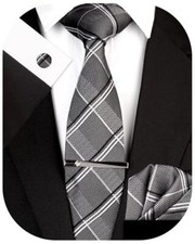 Plaid Men's Tie Silk Necktie and Pocket Square Cufflink Tie Clip 17 silver Grey