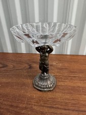 Vintage Crystal Glass And Brass Cherub Compote Holder Candy Bowl