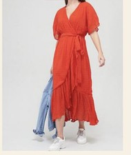 V By Very Crinkle Ruffle Front Wrap Dress - Orange size14
