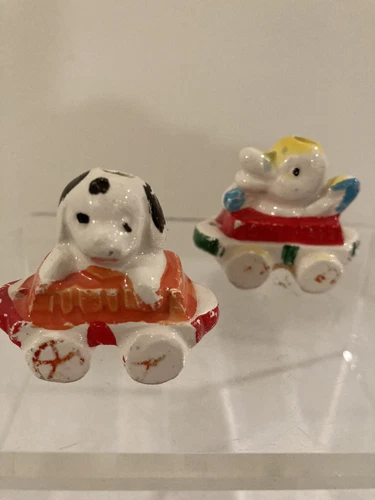 Vintage children's birthday cake ceramic candle holder train 2 Piece